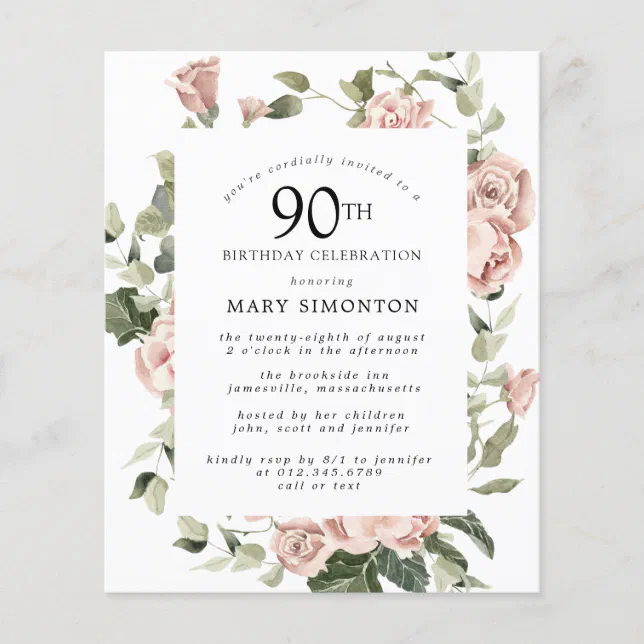 Budget Dusty Pink Rose 90th Birthday Party Invite | Zazzle