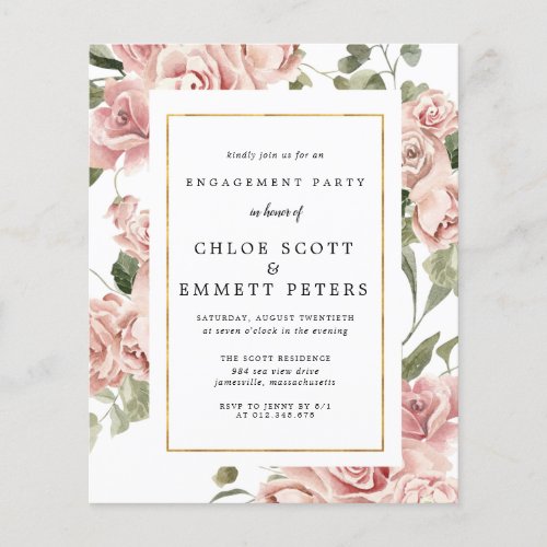 Budget Dusty Pink Rose Engagement Party Invitation