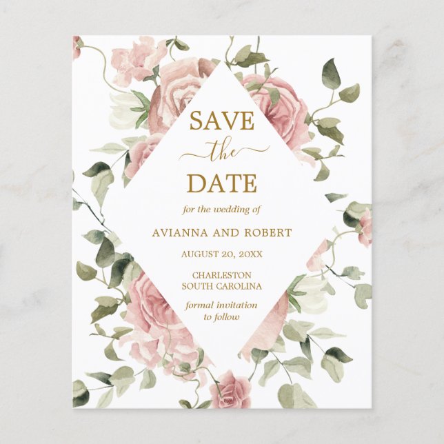 Budget Dusty Pink Rose Floral Gold Save The Date (Front)