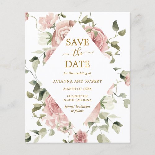 Budget Dusty Pink Rose Floral Gold Save The Date