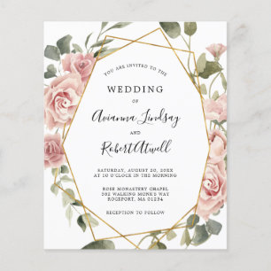 Budget Dusty Pink Rose Floral Wedding Invitation