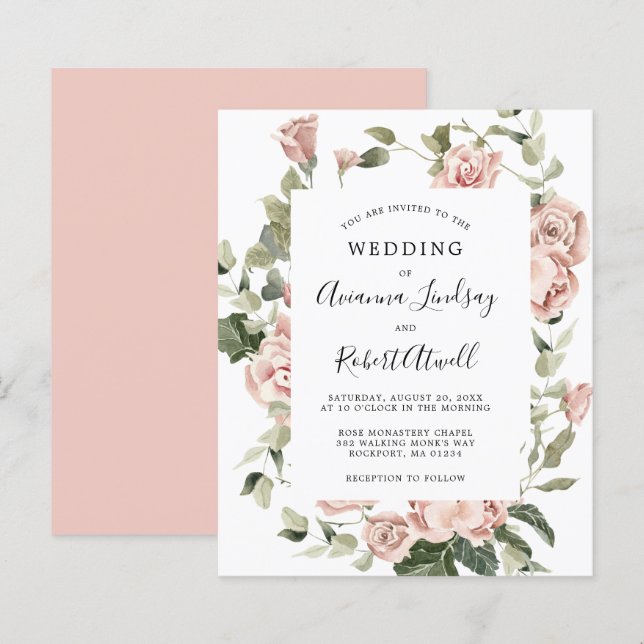 Budget Dusty Pink Rose Floral Wedding Invitation (Front/Back)