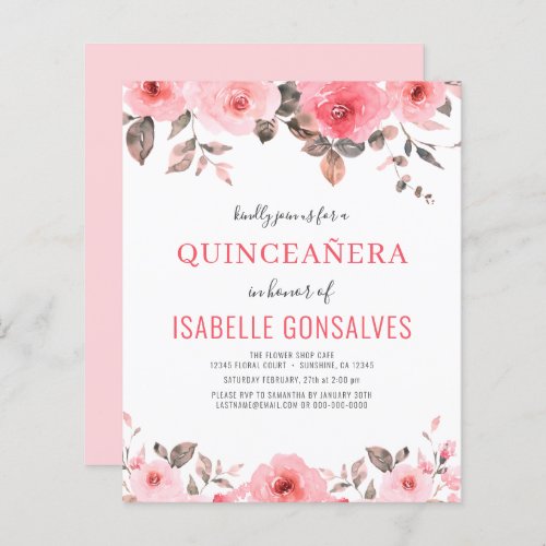 Budget Dusty Pink Rose QUINCEAERA Invitation 