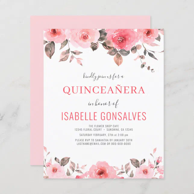 Budget Dusty Pink Rose QUINCEAÑERA Invitation | Zazzle