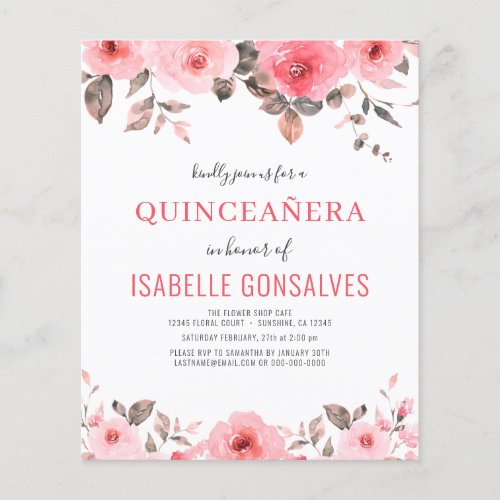 Budget Dusty Pink Rose QUINCEAERA Invitation  Flyer