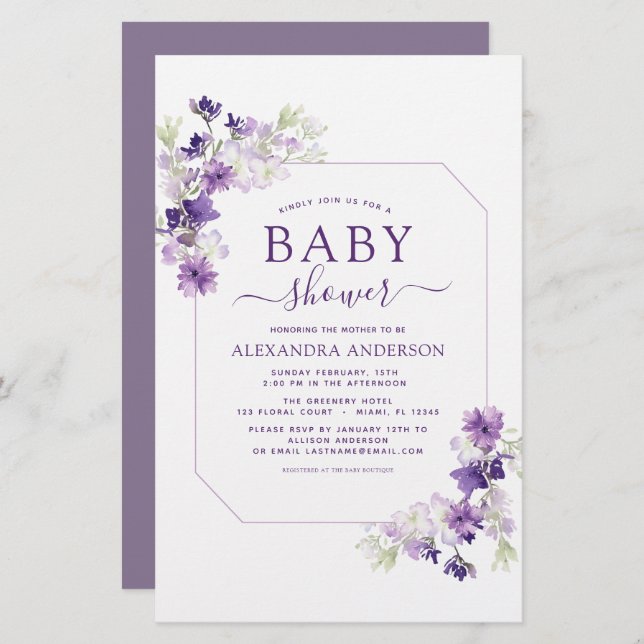 Budget Dusty Purple Floral Greenery Baby Shower (Front/Back)