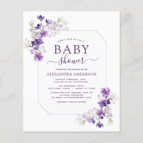 Budget Dusty Purple Floral Greenery Baby Shower Flyer