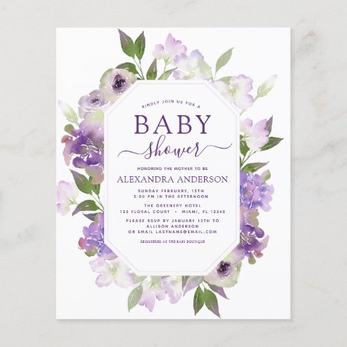 Budget Dusty Purple Floral Greenery Baby Shower Flyer