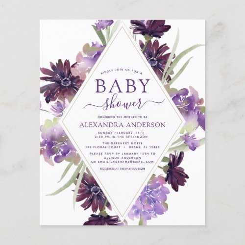 Budget Dusty Purple Floral Greenery Baby Shower Flyer