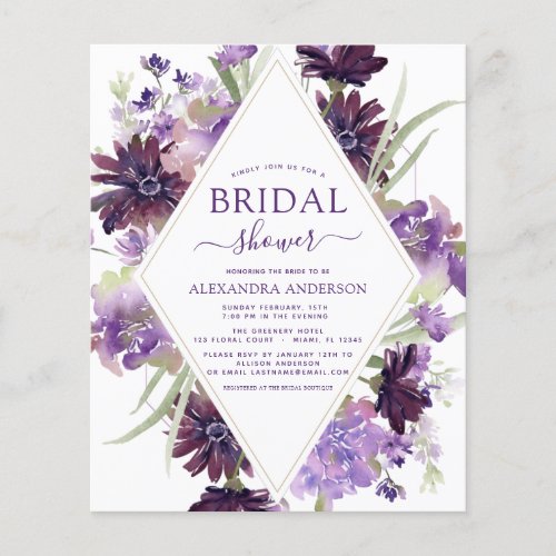 Budget Dusty Purple Floral Greenery Bridal Shower Flyer