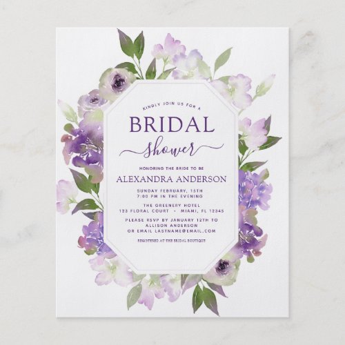 Budget Dusty Purple Floral Greenery Bridal Shower Flyer