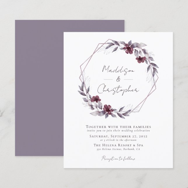 Budget Dusty Purple Floral Wedding Invitation (Front/Back)