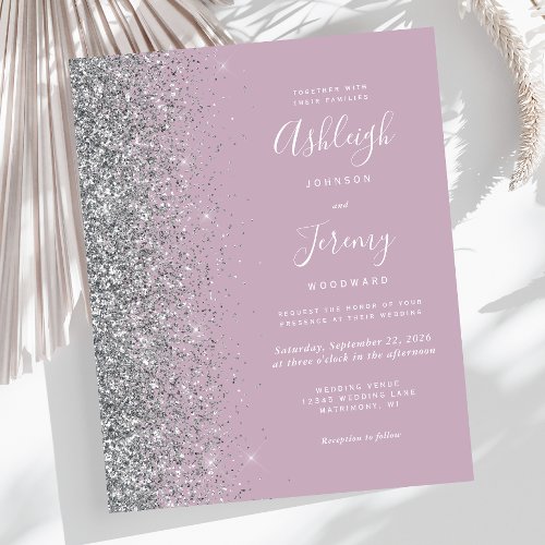 Budget Dusty Purple Silver Glitter Wedding Invite
