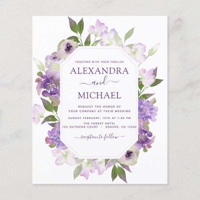 Budget Dusty Purple Wedding Floral Greenery Flyer (Front)