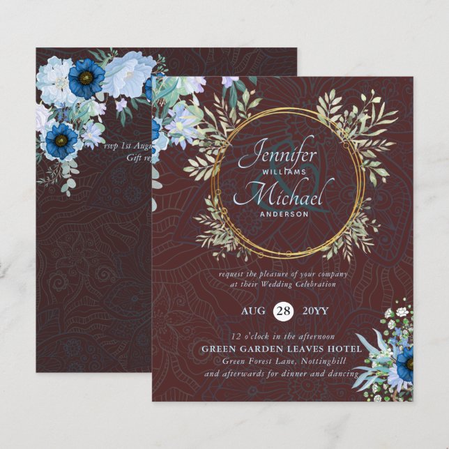 BUDGET Dusty Red BlueFloral Wedding Invite (Front/Back)
