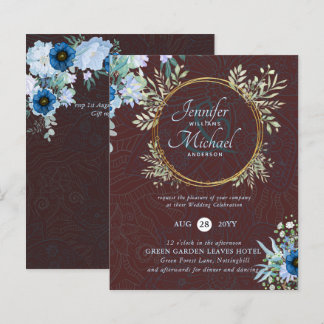 BUDGET Dusty Red BlueFloral Wedding Invite