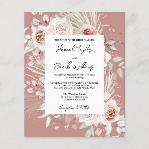 Budget Dusty Rose Boho Wedding Invitation