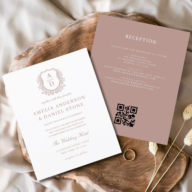 Budget Dusty Rose Crest Wedding QR Code Invitation (Creator Uploaded)