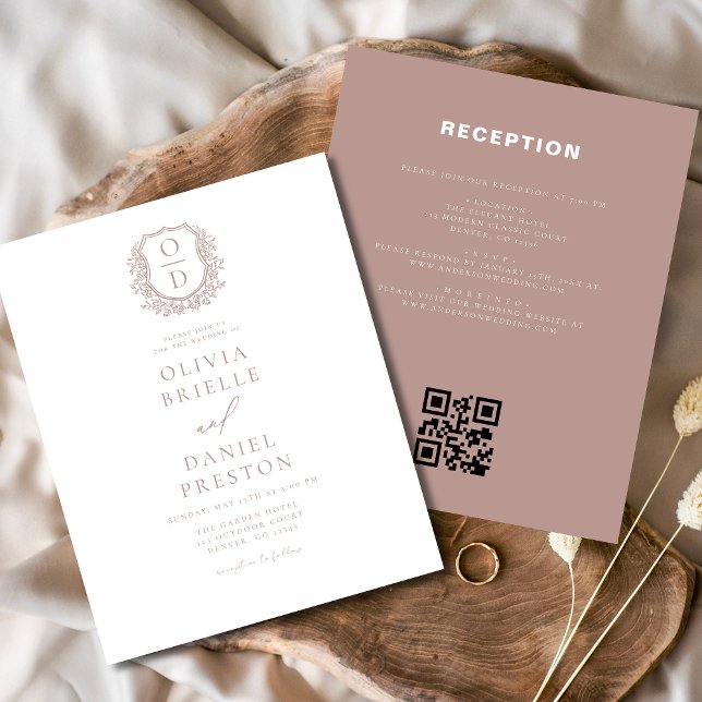 Budget Dusty Rose Crest Wedding QR Code Invitation Flyer (Creator Uploaded)