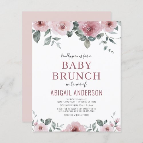 Budget Dusty Rose Floral Baby Brunch Invitation 