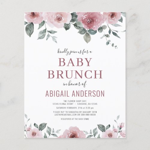 Budget Dusty Rose Floral Baby Brunch Invitation  Flyer