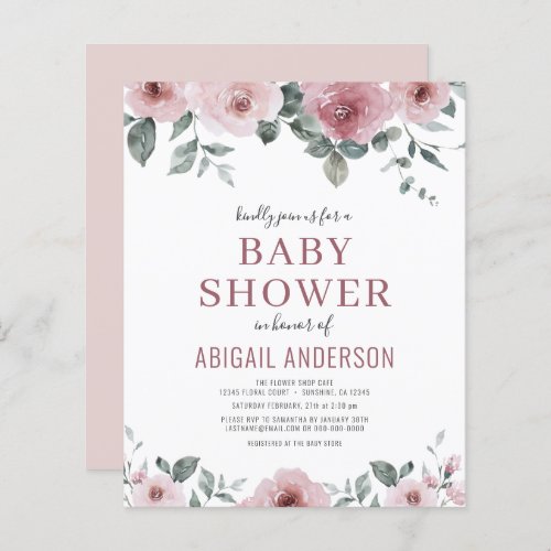 Budget Dusty Rose Floral Baby Shower Invitation 