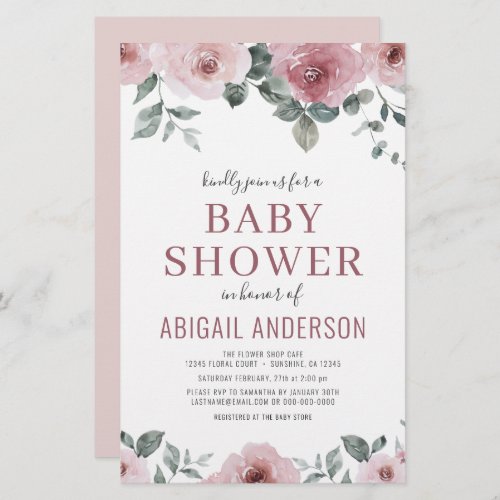 Budget Dusty Rose Floral Baby Shower Invitation 