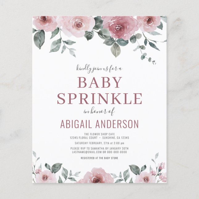 Budget Dusty Rose Floral Baby Sprinkle Invitation (Front)