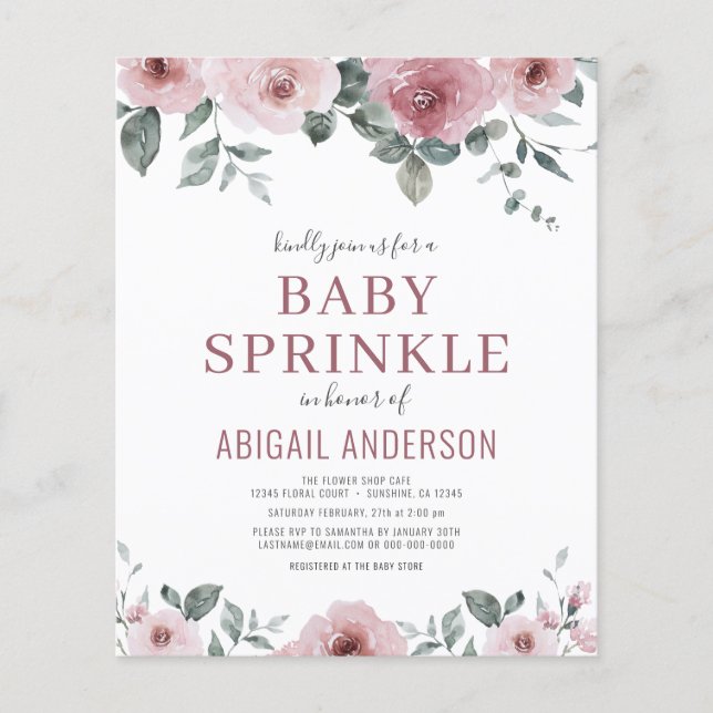 Budget Dusty Rose Floral Baby Sprinkle Invitation Flyer (Front)