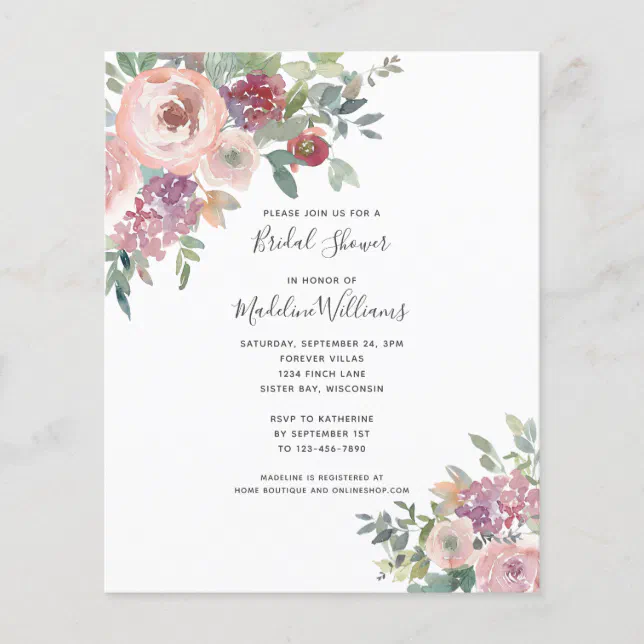 BUDGET Dusty Rose Floral Bridal Shower Invitation | Zazzle