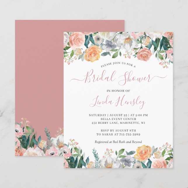 Budget Dusty Rose Floral Bridal Shower Invitation (Front/Back)