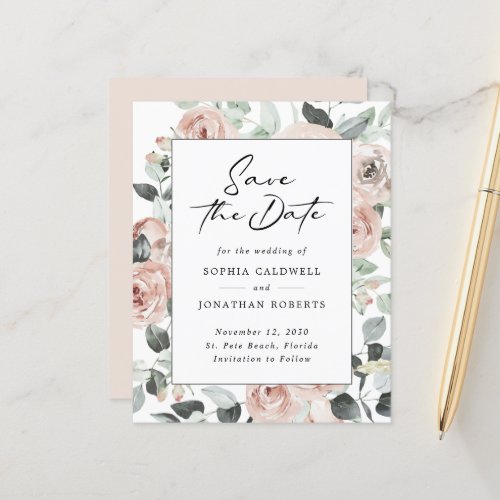 Budget Dusty Rose Floral Eucalyptus Save the Date