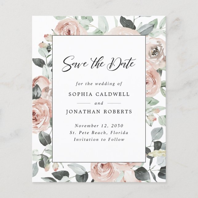 Budget Dusty Rose Floral Eucalyptus Save the Date (Front)