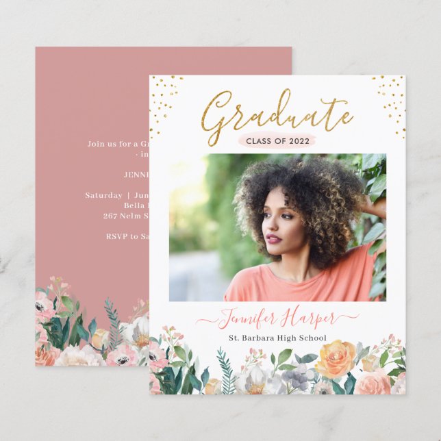 Budget Dusty Rose Floral Graduation Announcement (Front/Back)