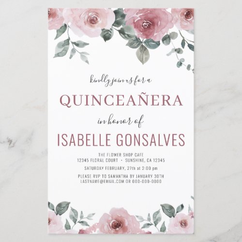 Budget Dusty Rose Floral QUINCEAERA Invitation 