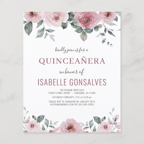 Budget Dusty Rose Floral QUINCEAERA Invitation 