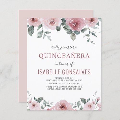 Budget Dusty Rose Floral QUINCEAERA Invitation 