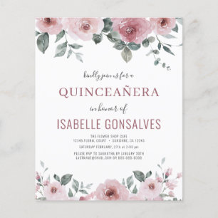 Budget Dusty Rose Floral QUINCEAÑERA Invitation  Flyer