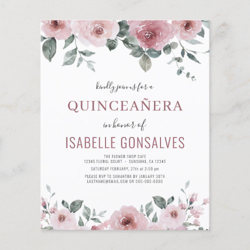 Budget Dusty Rose Floral QUINCEAERA Invitation  Flyer