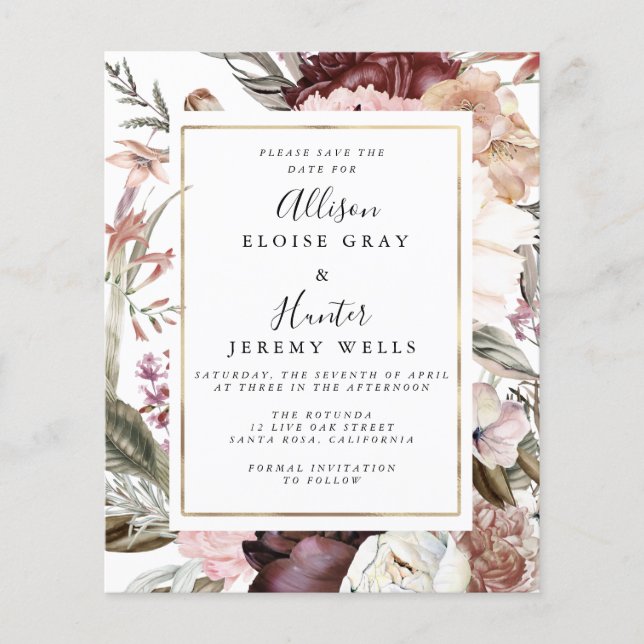 Budget Dusty Rose Floral Save the Date Flyer (Front)
