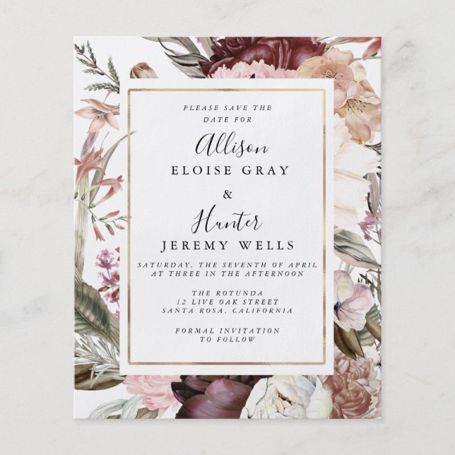Budget Dusty Rose Floral Save the Date Flyer (Front)