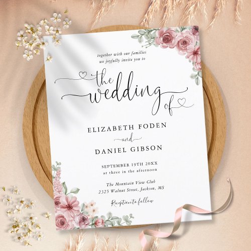 Budget Dusty Rose Floral Script Wedding Invitation