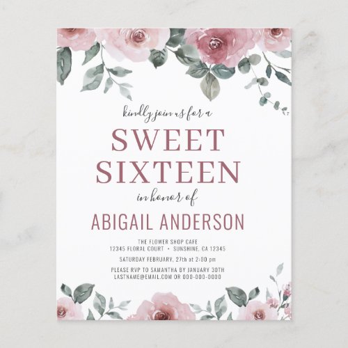 Budget Dusty Rose Floral Sweet Sixteen Invitation