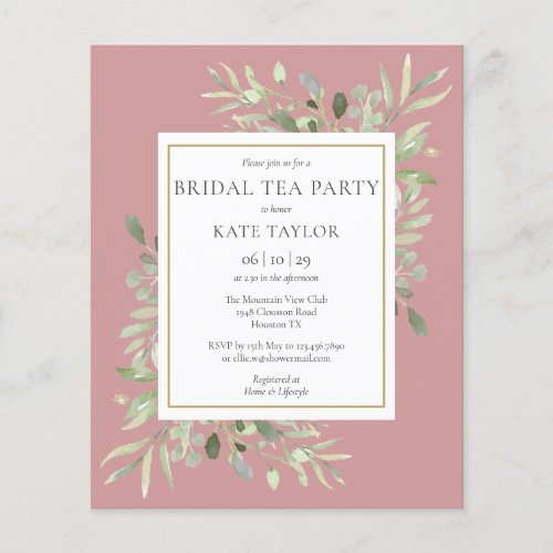 Budget Dusty Rose Greenery Bridal Tea Party Invite - Featuring delicate watercolor leaves on a dusty rose pink background, this chic budget bridal tea party invitation can be personalized with your special details. Designed by Thisisnotme©