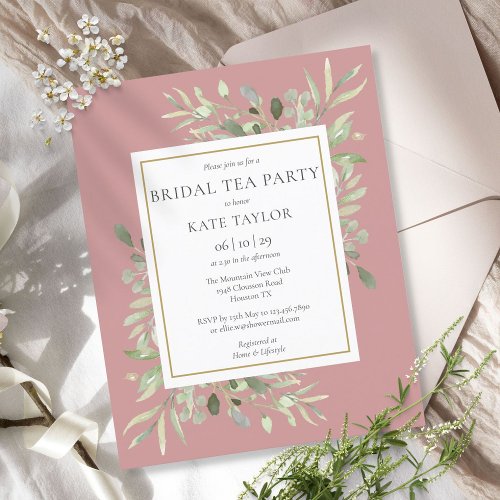 Budget Dusty Rose Greenery Bridal Tea Party Invite