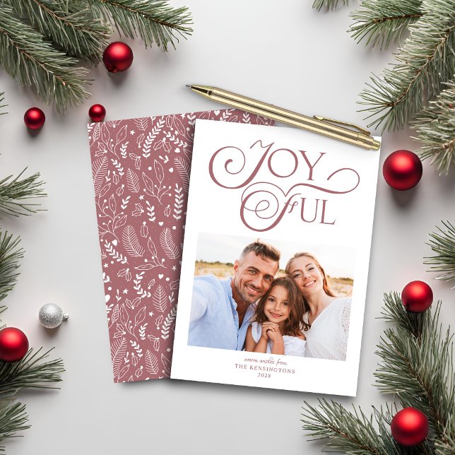 Budget Dusty Rose Pattern Joyful Christmas Photo (Creator Uploaded)