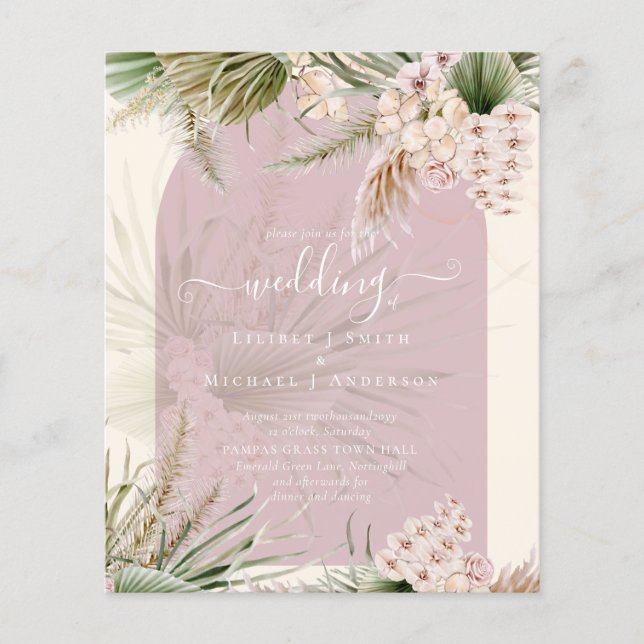 BUDGET Dusty Rose Peach Pampas Grass Wedding Flyer (Front)