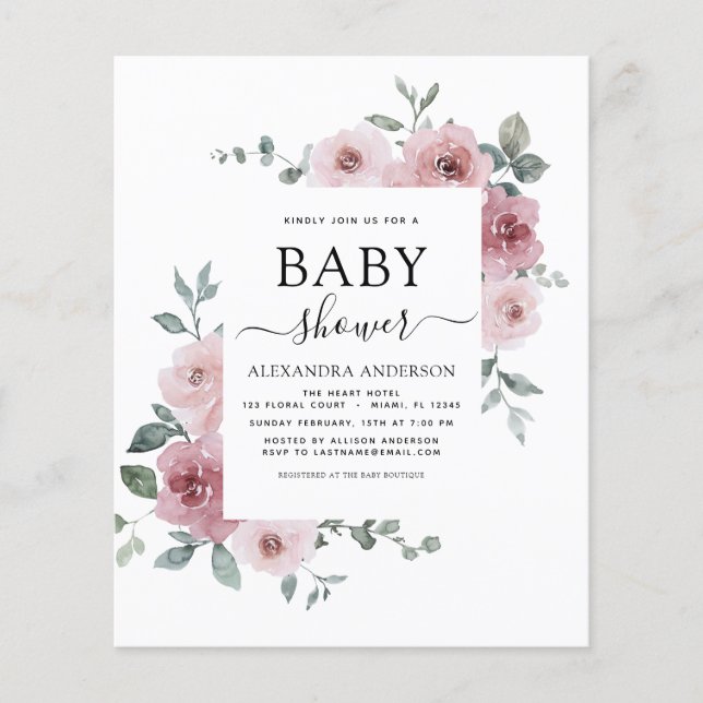 Budget Dusty Rose Pink Baby Shower Floral Flyer (Front)