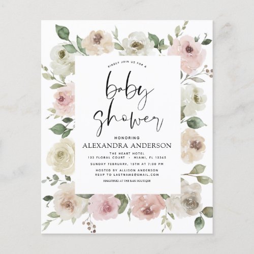 Budget Dusty Rose Pink Baby Shower Floral Greenery Flyer
