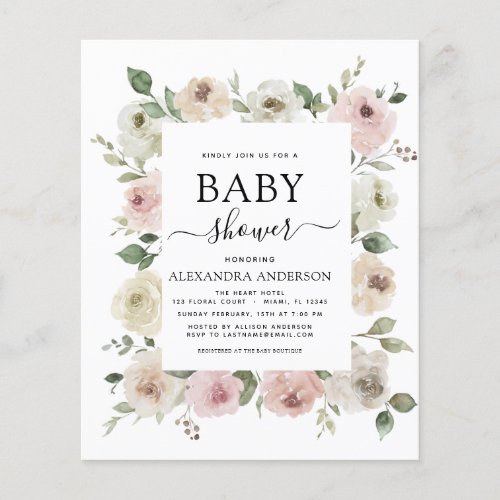 Budget Dusty Rose Pink Baby Shower Floral Greenery Flyer